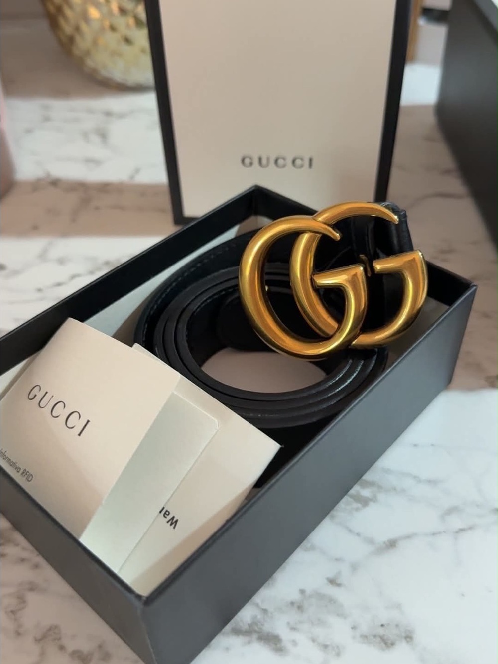 Gucci Black Leather Belt with Gold Double G Buckle